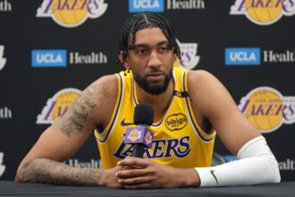 El Segundo, CA, USA; Los Angeles Lakers forward Christian Wood (35) during media day at the UCLA Health Training Center. Mandatory Credit: Kirby Lee-Imagn Images