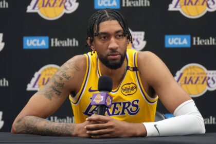 El Segundo, CA, USA; Los Angeles Lakers forward Christian Wood (35) during media day at the UCLA Health Training Center. Mandatory Credit: Kirby Lee-Imagn Images