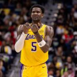 New Orleans, Louisiana, USA; Los Angeles Lakers center Deandre Ayton (5) reacts to a play against the New Orleans Pelicans during the second half at Smoothie King Center. Mandatory Credit: Stephen Lew-Imagn Images