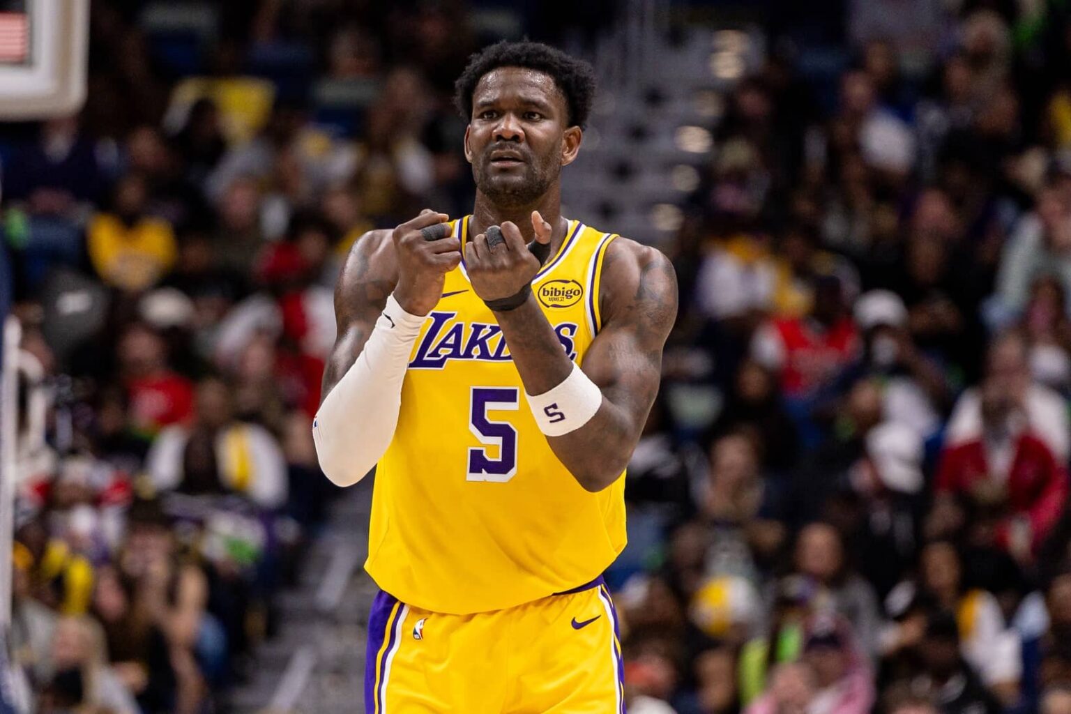 New Orleans, Louisiana, USA; Los Angeles Lakers center Deandre Ayton (5) reacts to a play against the New Orleans Pelicans during the second half at Smoothie King Center. Mandatory Credit: Stephen Lew-Imagn Images