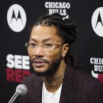 Chicago, Illinois, USA; Chicago Bulls and New York Knicks former player Derrick Rose speaks during a press conference. Rose will be honored at halftime in a game between the Chicago Bulls and the New York Knicks at United Center. Mandatory Credit: David Banks-Imagn Images