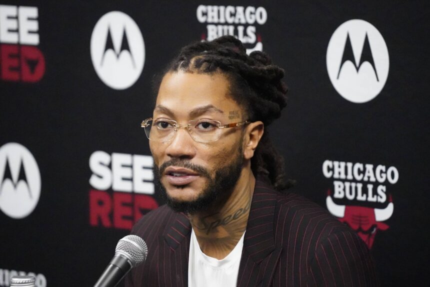 Chicago, Illinois, USA; Chicago Bulls and New York Knicks former player Derrick Rose speaks during a press conference. Rose will be honored at halftime in a game between the Chicago Bulls and the New York Knicks at United Center. Mandatory Credit: David Banks-Imagn Images