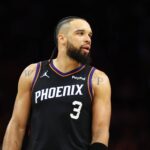 Phoenix, Arizona, USA; Phoenix Suns forward Dillon Brooks (3) against the Los Angeles Lakers at Mortgage Matchup Center. Mandatory Credit: Mark J. Rebilas-Imagn Images