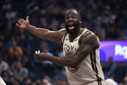 San Francisco, California, USA; Golden State Warriors forward Draymond Green (23) reacts after the Warriors committed a turnover against the Detroit Pistons in the first quarter at the Chase Center. Mandatory Credit: Cary Edmondson-Imagn Images