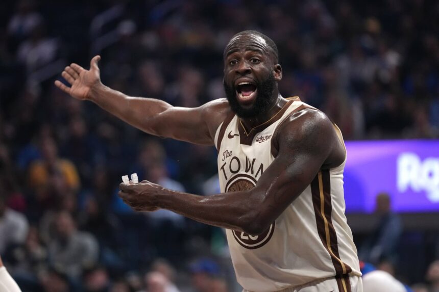 San Francisco, California, USA; Golden State Warriors forward Draymond Green (23) reacts after the Warriors committed a turnover against the Detroit Pistons in the first quarter at the Chase Center. Mandatory Credit: Cary Edmondson-Imagn Images