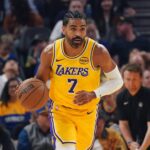 San Francisco, California, USA; Los Angeles Lakers guard Gabe Vincent (7) dribbles upcourt against the Golden State Warriors in the first quarter at Chase Center. Mandatory Credit: David Gonzales-Imagn Images