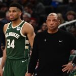 Milwaukee, Wisconsin, USA; Milwaukee Bucks head coach Doc Rivers and forward Giannis Antetokounmpo (34) looks on in the fourth quarter against the Memphis Grizzlies at Fiserv Forum. Mandatory Credit: Benny Sieu-Imagn Images
