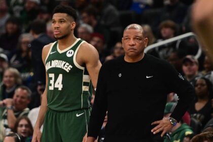 Milwaukee, Wisconsin, USA; Milwaukee Bucks head coach Doc Rivers and forward Giannis Antetokounmpo (34) looks on in the fourth quarter against the Memphis Grizzlies at Fiserv Forum. Mandatory Credit: Benny Sieu-Imagn Images