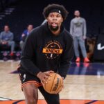 New York, New York, USA; New York Knicks forward Guerschon Yabusele (28) warms up prior to the game against the Memphis Grizzlies at Madison Square Garden. Mandatory Credit: Wendell Cruz-Imagn Images