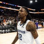 Phoenix, Arizona, USA; Memphis Grizzlies guard Ja Morant (12) against the Phoenix Suns at the Mortgage Matchup Center. Mandatory Credit: Mark J. Rebilas-Imagn Images