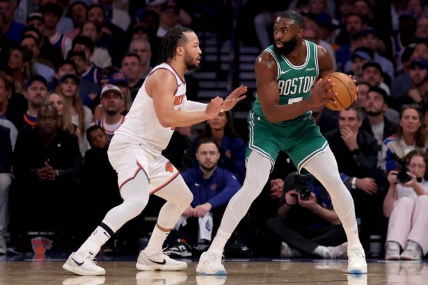 New York, New York, USA; Boston Celtics guard Jaylen Brown (7) controls the ball against New York Knicks guard Jalen Brunson (11) during the first quarter of game six in the second round of the 2025 NBA Playoffs at Madison Square Garden. Mandatory Credit: Brad Penner-Imagn Images