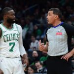 Boston, Massachusetts, USA; Boston Celtics guard Jaylen Brown (7) talks to the official during the second half against the Indiana Pacers at TD Garden. Mandatory Credit: Bob DeChiara-Imagn Images