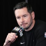 Inglewood, California, USA; Los Angeles Lakers Head Coach JJ Redick at press conference prior to the game against the LA Clippers at the Intuit Dome. Mandatory Credit: Kirby Lee-Imagn Images