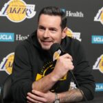 Los Angeles, California, USA; Los Angeles Lakers head coach JJ Redick at press conference at the Crypto.com Arena. Mandatory Credit: Kirby Lee-Imagn Images