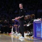 Los Angeles, California, USA; Los Angeles Lakers head coach JJ Redick reacts against the Charlotte Hornets in the second half at Crypto.com Arena. Mandatory Credit: Kirby Lee-Imagn Images