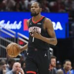 Houston, Texas, USA; Houston Rockets forward Kevin Durant (7) dribbles the ball during the first quarter against the Oklahoma City Thunder at Toyota Center. Mandatory Credit: Troy Taormina-Imagn Images