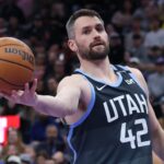 Salt Lake City, Utah, USA; Utah Jazz forward Kevin Love (42) reacts after a play against the Oklahoma City Thunder during the first half at Delta Center. Mandatory Credit: Rob Gray-Imagn Images