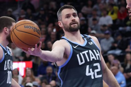 Salt Lake City, Utah, USA; Utah Jazz forward Kevin Love (42) reacts after a play against the Oklahoma City Thunder during the first half at Delta Center. Mandatory Credit: Rob Gray-Imagn Images