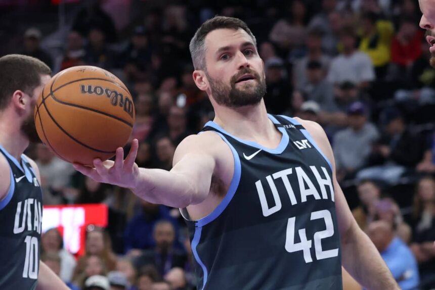 Salt Lake City, Utah, USA; Utah Jazz forward Kevin Love (42) reacts after a play against the Oklahoma City Thunder during the first half at Delta Center. Mandatory Credit: Rob Gray-Imagn Images