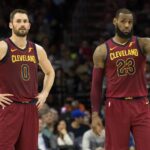 Philadelphia, PA, USA; Cleveland Cavaliers forward LeBron James (23) reacts next to center Kevin Love (0) against the Philadelphia 76ers at Wells Fargo Center. Mandatory Credit: Bill Streicher-Imagn Images