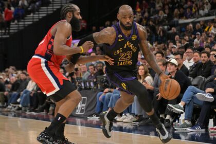 Inglewood, California, USA; Los Angeles Lakers forward LeBron James (23) is defended by Los Angeles Clippers guard James Harden (1) in the second half at Intuit Dome. Mandatory Credit: Jayne Kamin-Oncea-Imagn Images