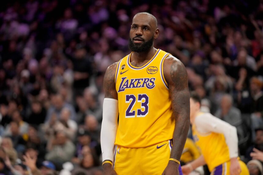 Sacramento, California, USA; Los Angeles Lakers forward LeBron James (23) reacts after the Sacramento Kings made a three point basket in the third quarter at the Golden 1 Center. Mandatory Credit: Cary Edmondson-Imagn Images