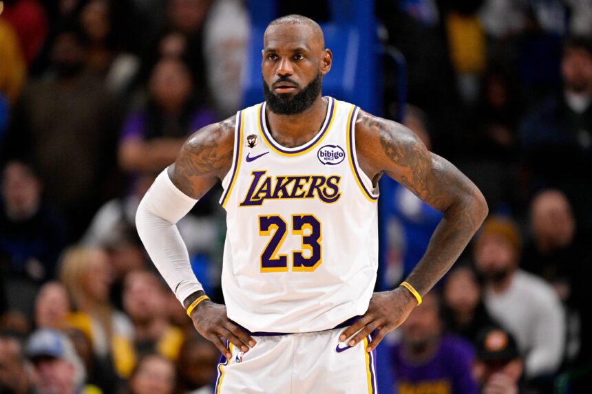 Dallas, Texas, USA; Los Angeles Lakers forward LeBron James (23) looks on during the game against the Dallas Mavericks at the American Airlines Center. Mandatory Credit: Jerome Miron-Imagn Images
