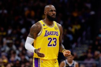 Denver, Colorado, USA; Los Angeles Lakers forward LeBron James (23) reacts after a play in the first quarter against the Denver Nuggets at Ball Arena. Mandatory Credit: Isaiah J. Downing-Imagn Images