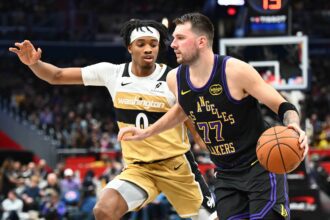 Washington, District of Columbia, USA; Los Angeles Lakers forward/guard Luka Doncic (77) dribbles as Washington Wizards guard Bilal Coulibaly (0) defends during the second half at Capital One Arena. Mandatory Credit: Brad Mills-Imagn Images