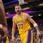 Sacramento, California, USA; Los Angeles Lakers guard Luka Doncic (77) reacts after committing a turnover against the Sacramento Kings in the second quarter at the Golden 1 Center. Mandatory Credit: Cary Edmondson-Imagn Images