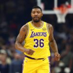 Phoenix, Arizona, USA; Los Angeles Lakers guard Marcus Smart (36) against the Phoenix Suns at Mortgage Matchup Center. Mandatory Credit: Mark J. Rebilas-Imagn Images