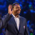 Cleveland, Ohio, USA; NBA great Paul Pierce is honored for being selected to the NBA 75th Anniversary Team during halftime in the 2022 NBA All-Star Game at Rocket Mortgage FieldHouse. Mandatory Credit: Kyle Terada-Imagn Images