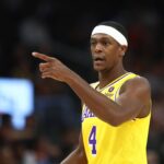 Phoenix, Arizona, USA; Los Angeles Lakers guard Rajon Rondo (4) reacts against the Phoenix Suns during a preseason game at Footprint Center. Mandatory Credit: Mark J. Rebilas-Imagn Images