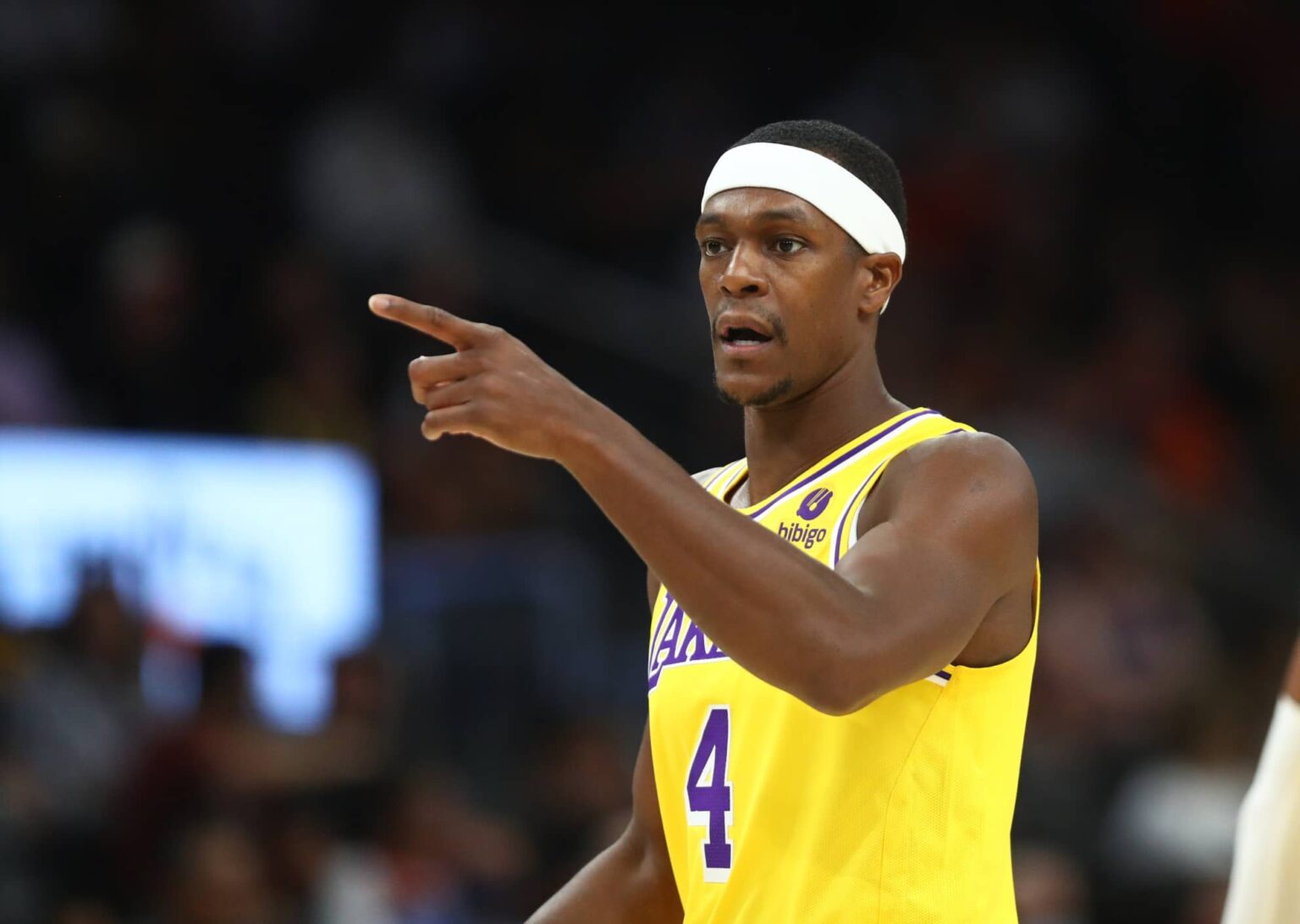 Phoenix, Arizona, USA; Los Angeles Lakers guard Rajon Rondo (4) reacts against the Phoenix Suns during a preseason game at Footprint Center. Mandatory Credit: Mark J. Rebilas-Imagn Images