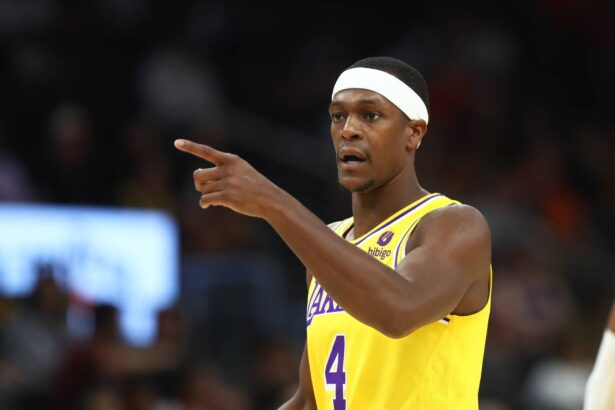 Phoenix, Arizona, USA; Los Angeles Lakers guard Rajon Rondo (4) reacts against the Phoenix Suns during a preseason game at Footprint Center. Mandatory Credit: Mark J. Rebilas-Imagn Images