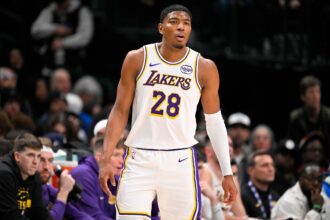 Dallas, Texas, USA; Los Angeles Lakers forward Rui Hachimura (28) looks on during the game against the Dallas Mavericks at the American Airlines Center. Mandatory Credit: Jerome Miron-Imagn Images