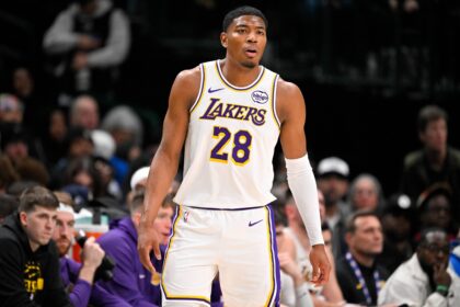Dallas, Texas, USA; Los Angeles Lakers forward Rui Hachimura (28) looks on during the game against the Dallas Mavericks at the American Airlines Center. Mandatory Credit: Jerome Miron-Imagn Images