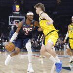 Oklahoma City, Oklahoma, USA; Oklahoma City Thunder guard Shai Gilgeous-Alexander (2) drives down the court against Indiana Pacers guard Johnny Furphy (12) during the second quarter at Paycom Center. Mandatory Credit: Alonzo Adams-Imagn Images