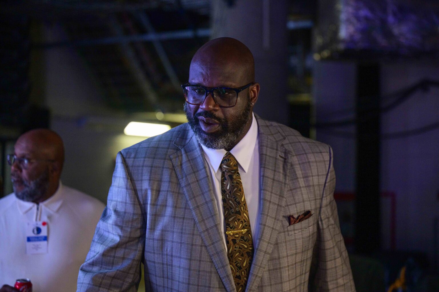 Dallas, Texas, USA; Former NBA player and sports analyst Shaquille O'Neal enters the arena before Game 3 of the 2022 Western Conference Finals between the Dallas Mavericks and the Golden State Warriors at American Airlines Center. Mandatory Credit: Jerome Miron-Imagn Images