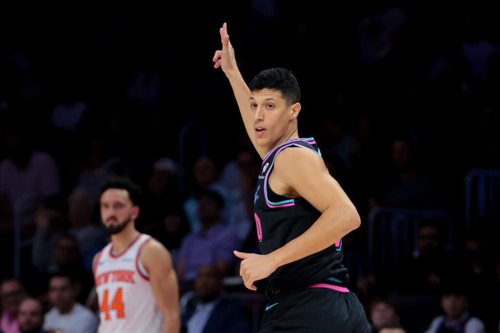 Nov 17, 2025; Miami, Florida, USA; Miami Heat forward Simone Fontecchio (0) reacts after scoring against the New York Knicks during the first quarter at Kaseya Center. Mandatory Credit: Sam Navarro-Imagn Images