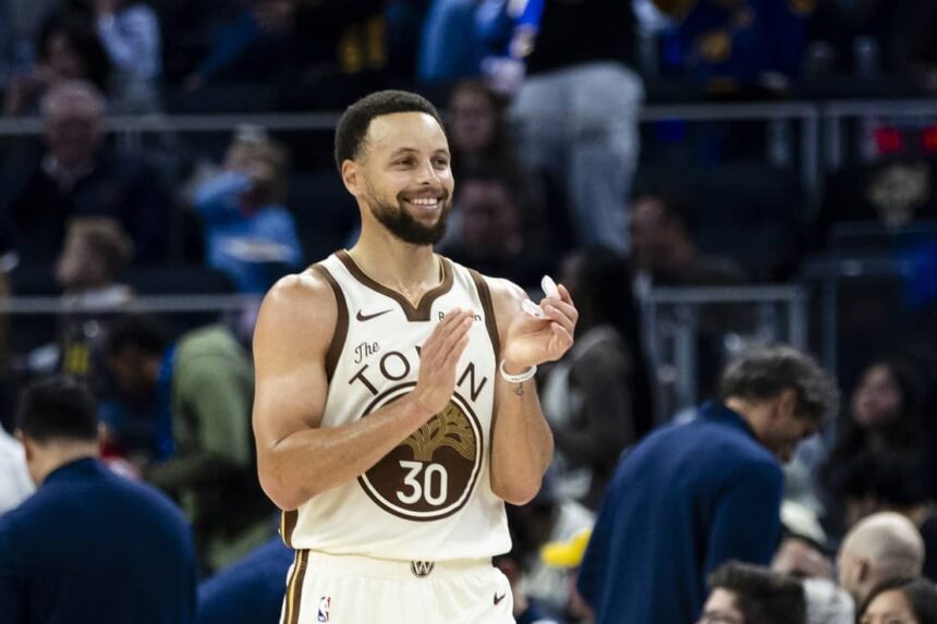 San Francisco, California, USA; Golden State Warriors guard Stephen Curry (30) reacts during the third quarter against the Charlotte Hornets at Chase Center. Mandatory Credit: John Hefti-Imagn Images