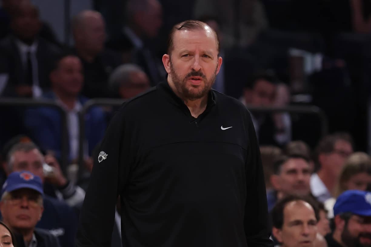 New York, New York, USA; New York Knicks head coach Tom Thibodeau looks on in the first quarter against the Indiana Pacers during Game 5 of the Eastern Conference Finals in the 2025 NBA Playoffs at Madison Square Garden. Mandatory Credit: Brad Penner-Imagn Images
