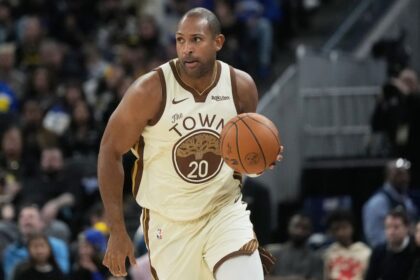 Golden State Warriors center Al Horford (20) brings the ball up the court against the Charlotte Hornets during the second half of an NBA basketball game in San Francisco, Saturday, Jan. 17, 2026. (AP Photo/Jeff Chiu)AP