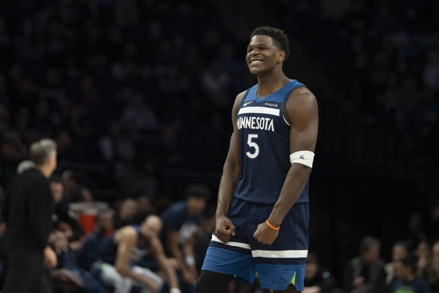 Feb 11, 2026; Minneapolis, Minnesota, USA; Minnesota Timberwolves guard Anthony Edwards (5) celebrates Minnesota Timberwolves forward Julius Randle (not pictured) making a shot against the Portland Trail Blazers in the second half at Target Center. Mandatory Credit: Jesse Johnson-Imagn Images