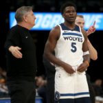 Jan 31, 2026; Memphis, Tennessee, USA; Minnesota Timberwolves guard Anthony Edwards (5) talks with head coach Chris Finch during the fourth quarter against the Memphis Grizzlies at FedExForum. Mandatory Credit: Petre Thomas-Imagn Images