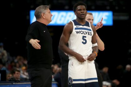 Jan 31, 2026; Memphis, Tennessee, USA; Minnesota Timberwolves guard Anthony Edwards (5) talks with head coach Chris Finch during the fourth quarter against the Memphis Grizzlies at FedExForum. Mandatory Credit: Petre Thomas-Imagn Images