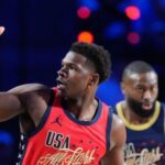 USA Stars guard Anthony Edwards reacts after scoring during the NBA All-Star basketball game against USA Stripes Sunday, Feb. 15, 2026, in Inglewood, Calif. Mandatory Credit: AP Photo/Mark J. Terrill