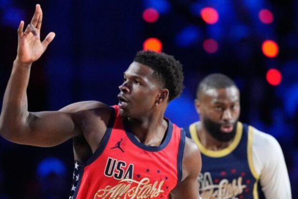 USA Stars guard Anthony Edwards reacts after scoring during the NBA All-Star basketball game against USA Stripes Sunday, Feb. 15, 2026, in Inglewood, Calif. Mandatory Credit: AP Photo/Mark J. Terrill
