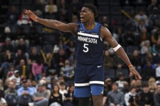 Feb 2, 2026; Memphis, Tennessee, USA; Minnesota Timberwolves guard Anthony Edwards (5) reacts during the fourth quarter against the Memphis Grizzlies at FedExForum. Mandatory Credit: Petre Thomas-Imagn Images