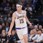 Oct 26, 2025; Sacramento, California, USA; Los Angeles Lakers guard Austin Reaves (15) reacts after making a three point shot against the Sacramento Kings during the fourth quarter at Golden 1 Center. Mandatory Credit: Ed Szczepanski-Imagn Images